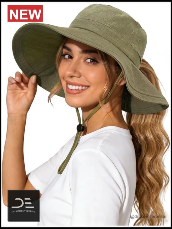 Wide Brim Sun Hat UPF 50+ Cotton Linen Packable Adjustable Bucket Hat Ponytail main image 7